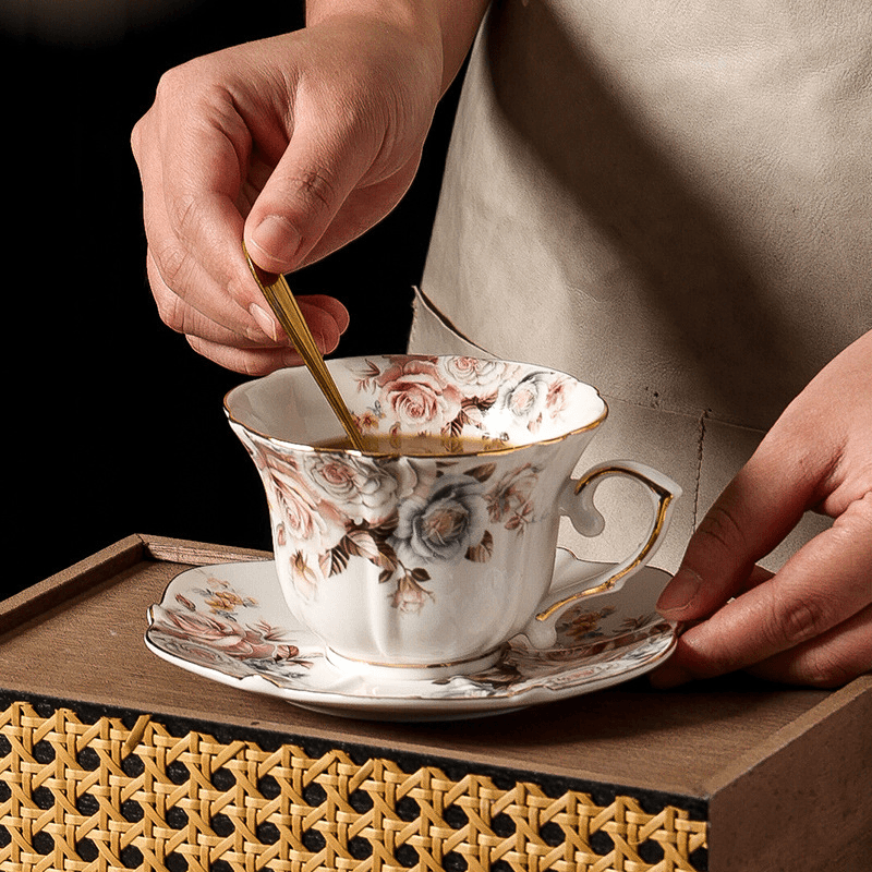 Soft-Colored European Vintage Coffee Set, Subtle Floral Gold Trim Cup & Saucer