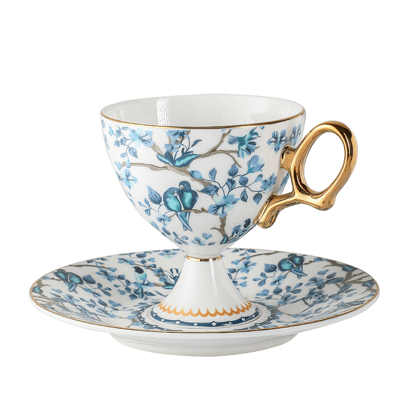 French Vintage Stemmed Bone China Coffee Cup, French Vintage Tea Cup with Floral Design