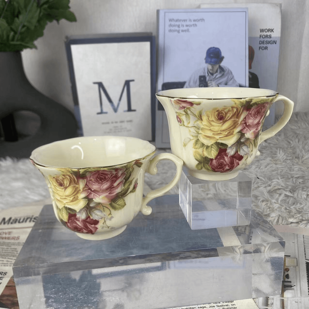 Ivory Yellow Embossed Mug,European Vintage Coffee Cup, Old Country Roses with Gold Trim