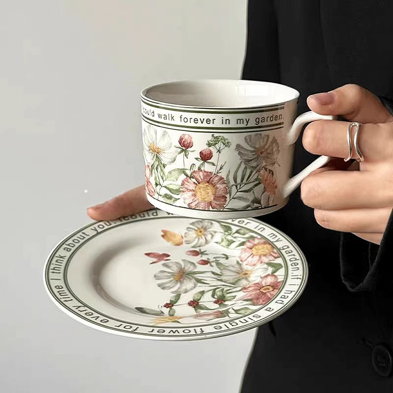 Cottagecore Sunflower Mug & Saucer Set, Vintage Ceramic Coffee Cup