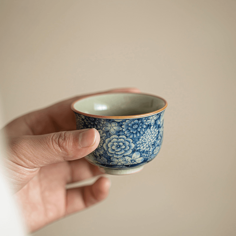 Crackle Glaze Teacup, Antique Clay Floral Ceramic Tea Cup-Develops Patina
