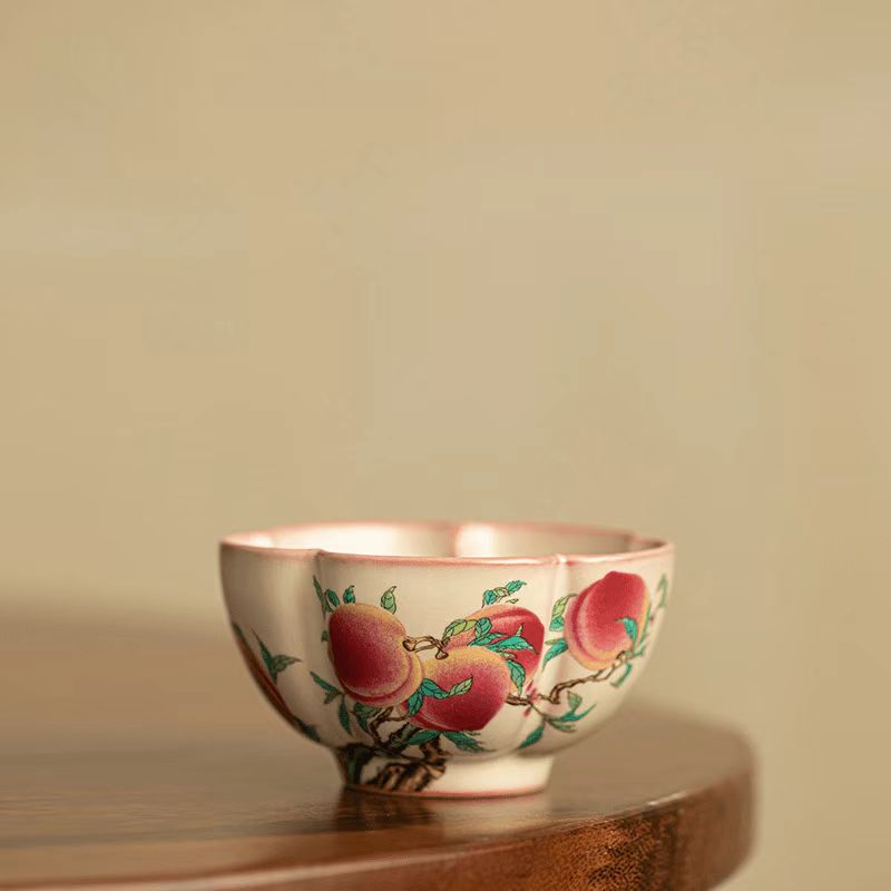 Lard（Jadeite）Glaze Peach Blossom Teacup, Nine Peaches Design-Ceramic Gongfu Tea Cup