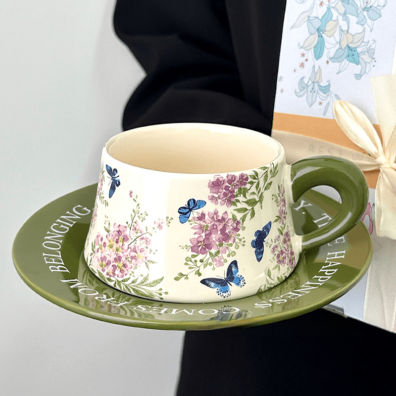 Green Crape Myrtle Coffee Set, Vintage Color-Block Mug & Saucer