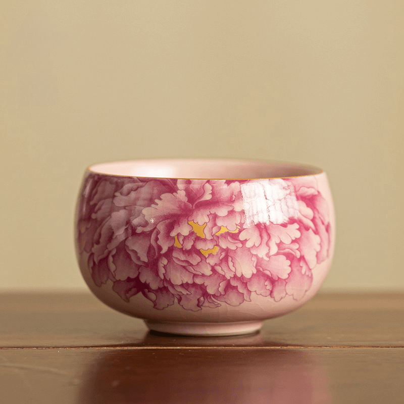 Contemporary Ru Yao & Peony & Lohan Teacup, Pink Ru Yao Gongfu Tea Cup