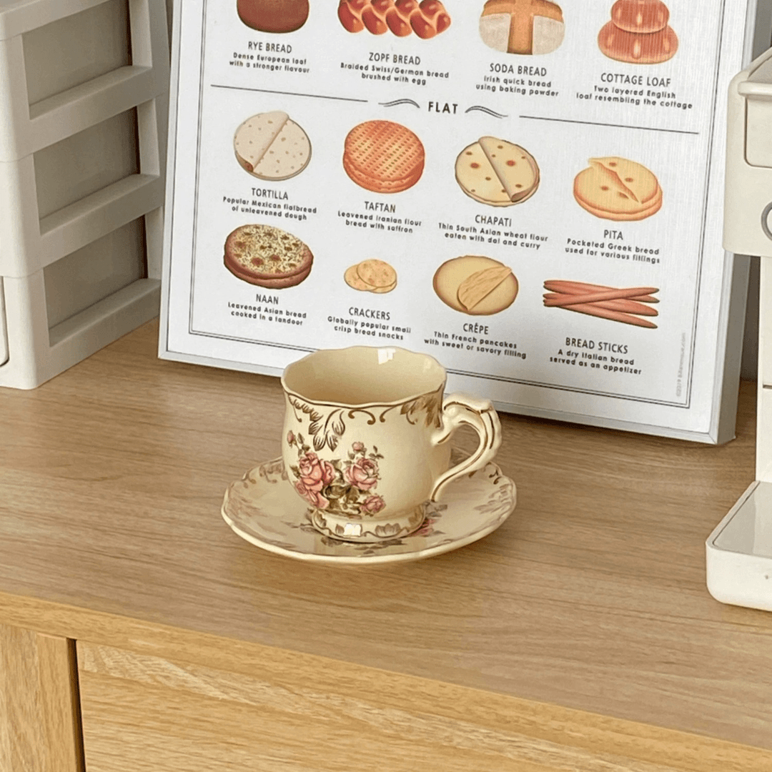 French Cream-Colored Rose Ceramic Coffee Cup and Saucer Set - Afternoon Tea Hostess Gift