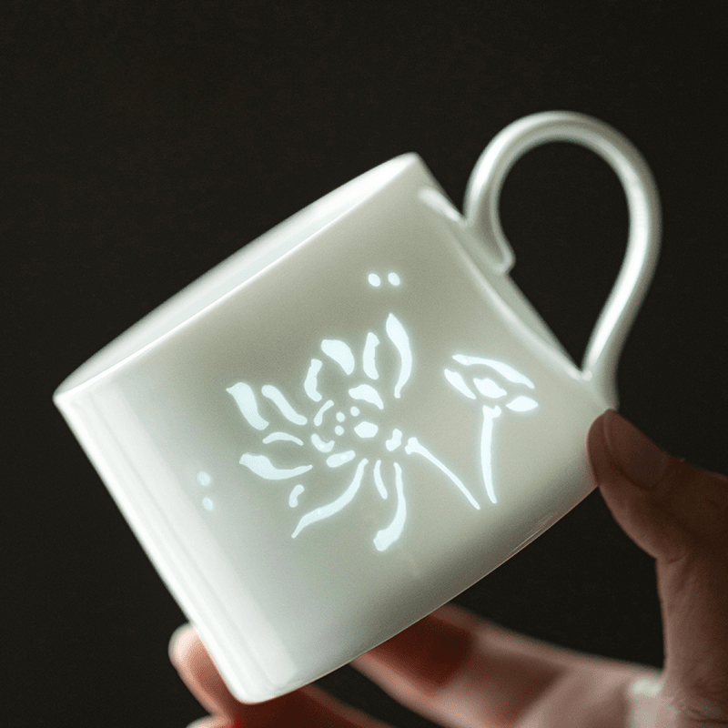 Rice Pattern Porcelain Coffee Cup, Butterfly/Lotus Design - Mug & Tea Cup with Gift Box