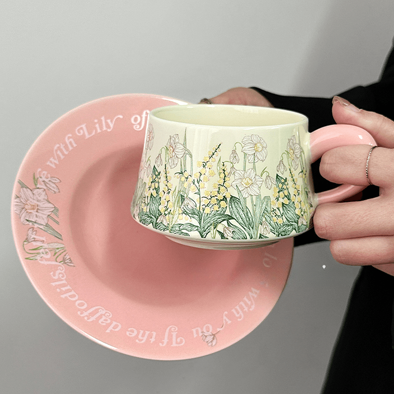 Original Bell Flower Coffee Mug with Pink Handle, Mid-Century Ceramic Cup & Saucer Design