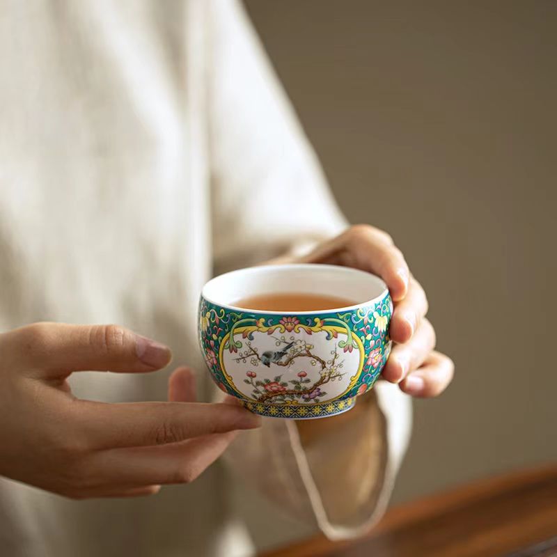 Magpie & Plum Blossom Teacup, Enamel Painted Gongfu Tea Cup