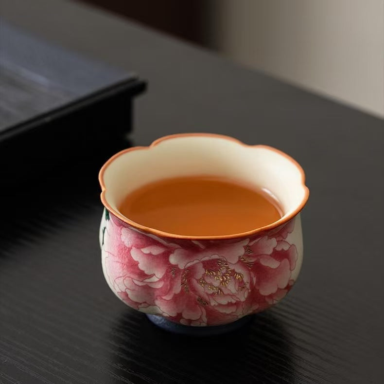 Contemporary Ru Yao & Peony & Lohan Teacup, Pink Ru Yao Gongfu Tea Cup