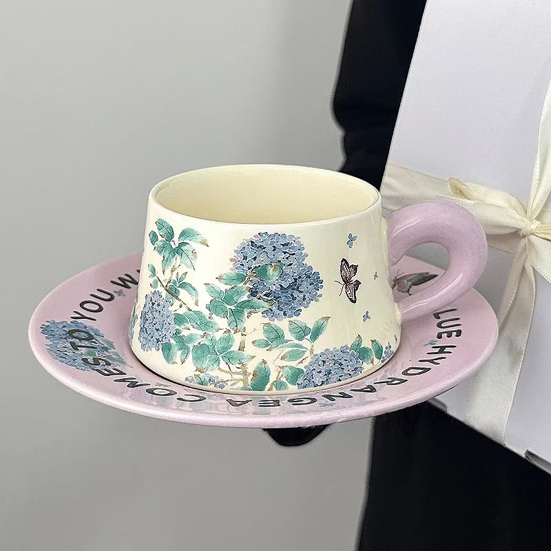 Purple Hydrangea Coffee Set, Vintage Ceramic Mug & Saucer-Original Design，Afternoon Tea