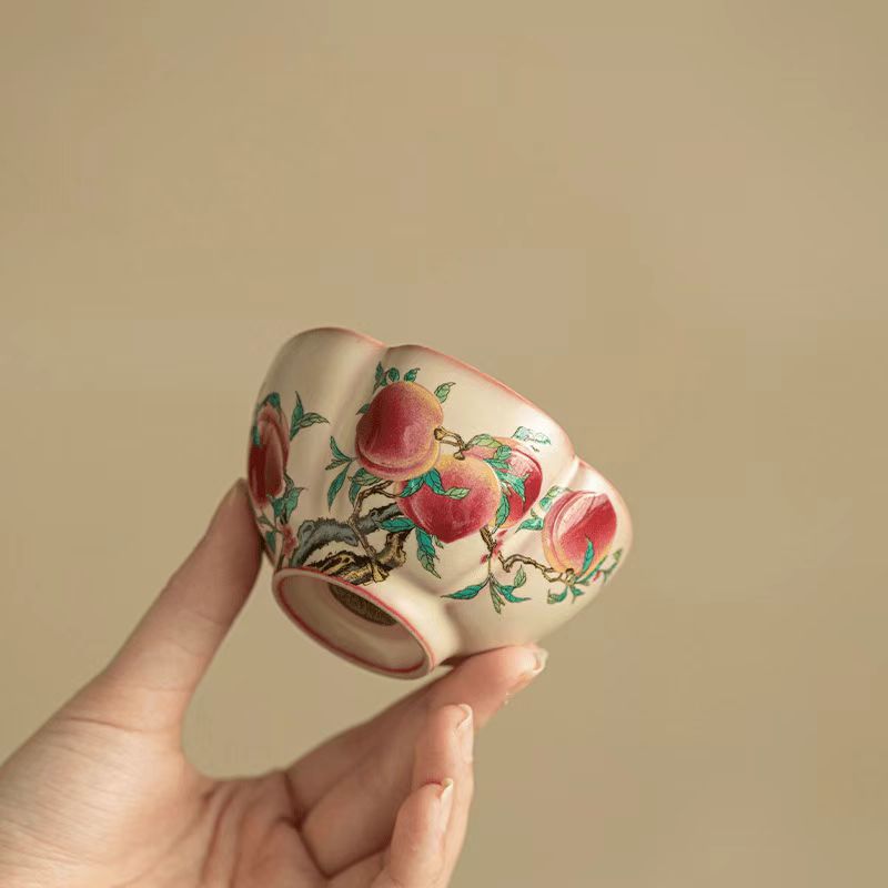 Lard（Jadeite）Glaze Peach Blossom Teacup, Nine Peaches Design-Ceramic Gongfu Tea Cup