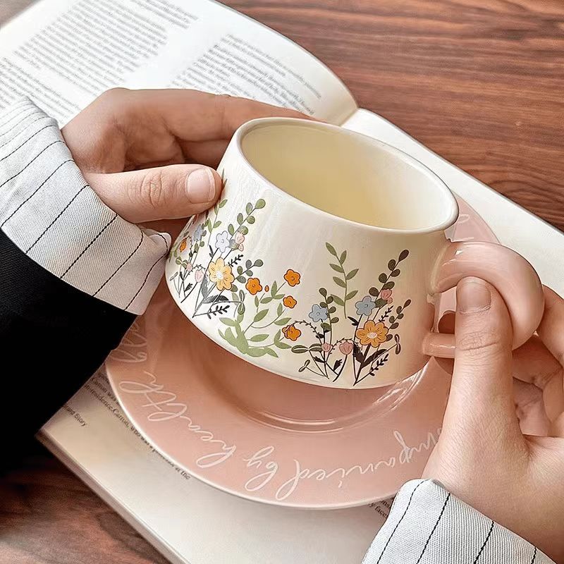 Pink Floral Coffee Set, Vintage Ceramic Mug & Saucer with Small Yellow Flowers