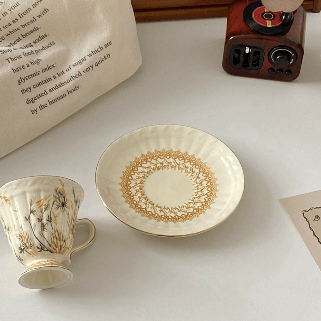 Vintage European Gold Wheat Ear Coffee Cup Saucer - English Afternoon Tea Birthday Gift for Her