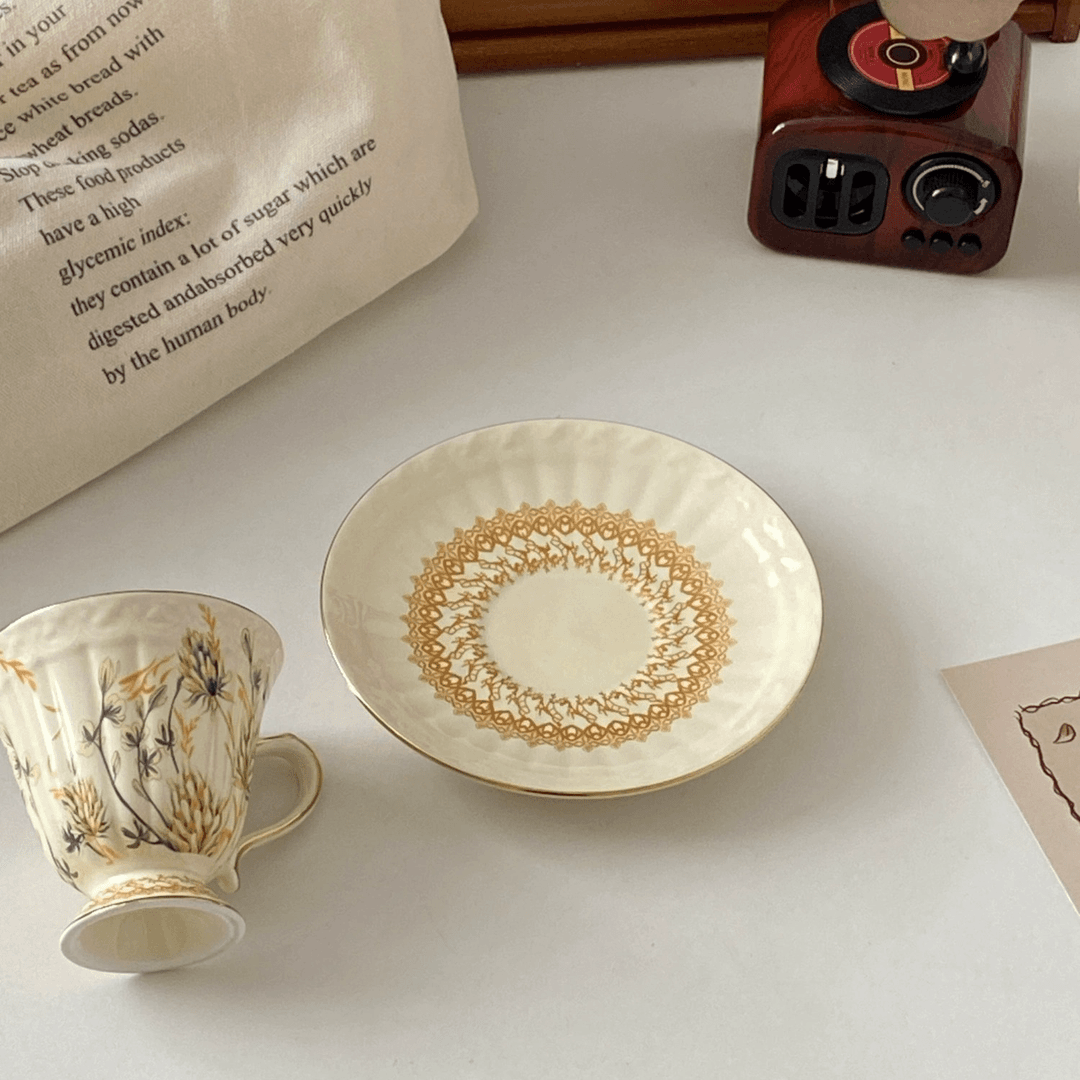 Vintage European Gold Wheat Ear Coffee Cup Saucer - English Afternoon Tea Birthday Gift for Her