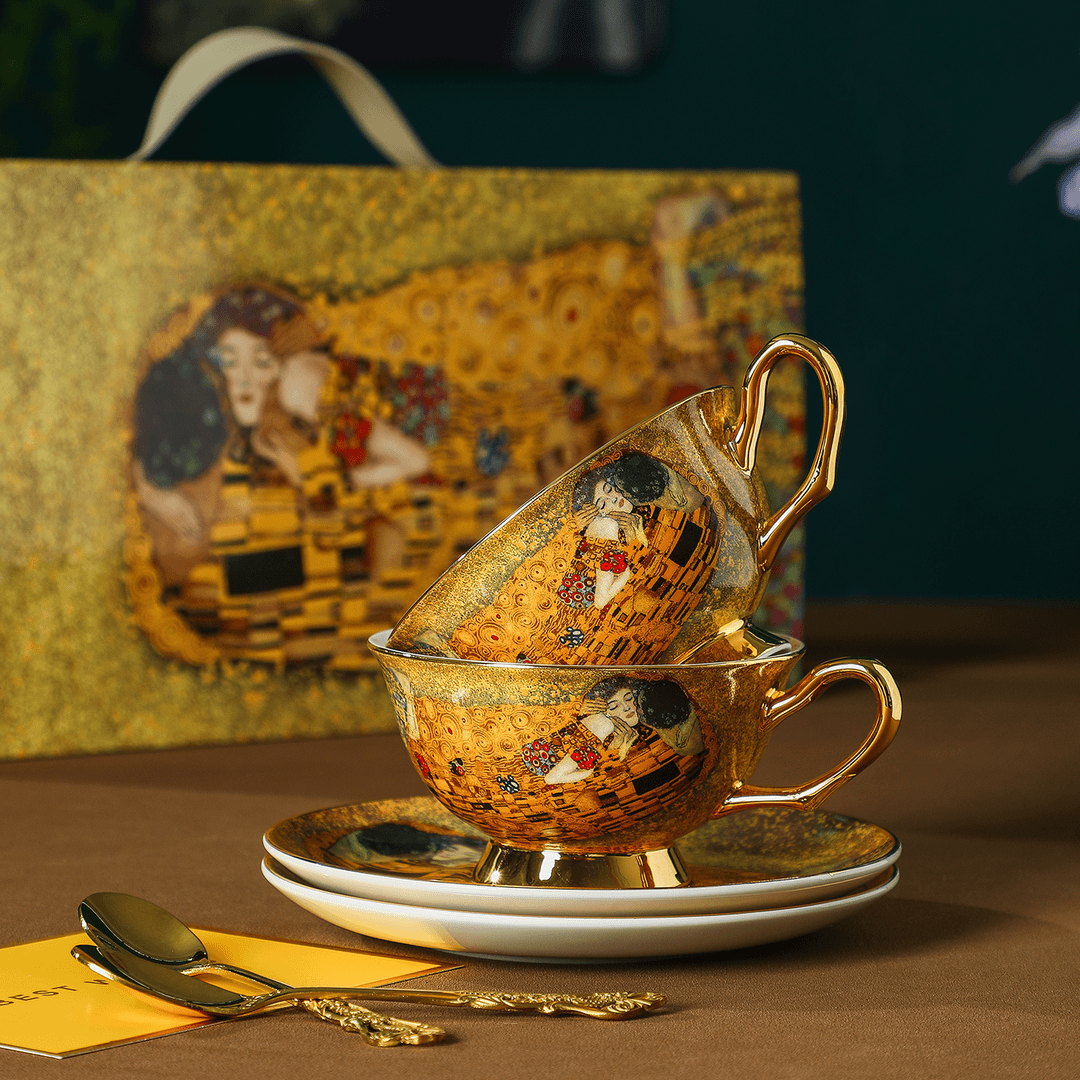 European Vintage Bone China Coffee & Tea Cup - Hand-Painted Gold Famous Painting Gift Box - Water Glass
