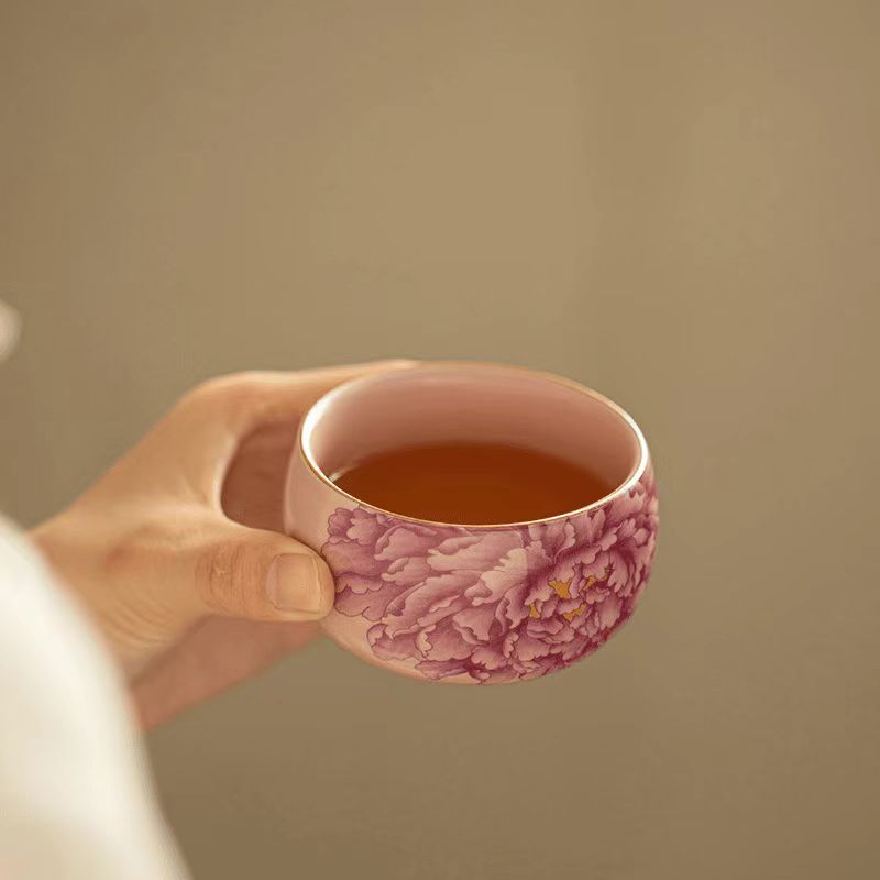 Contemporary Ru Yao & Peony & Lohan Teacup, Pink Ru Yao Gongfu Tea Cup