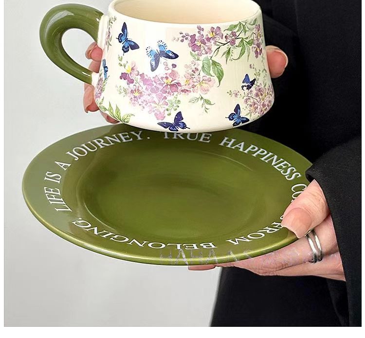 Green Crape Myrtle Coffee Set, Vintage Color-Block Mug & Saucer