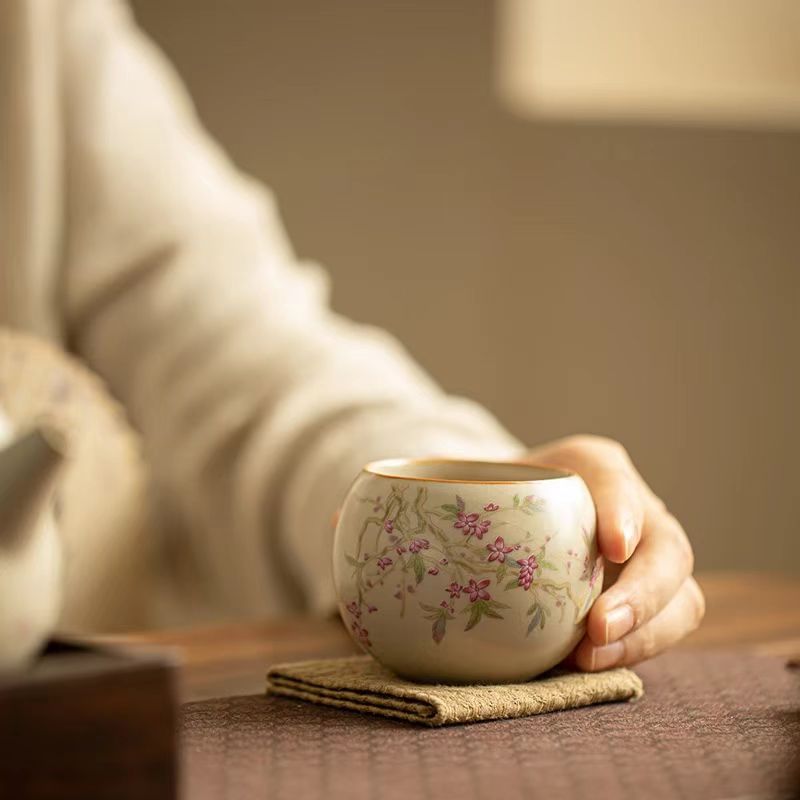 Contemporary Ru Yao Peach Blossom Egg Teacup, Yellow-Glazed Small Gongfu Tea Cup