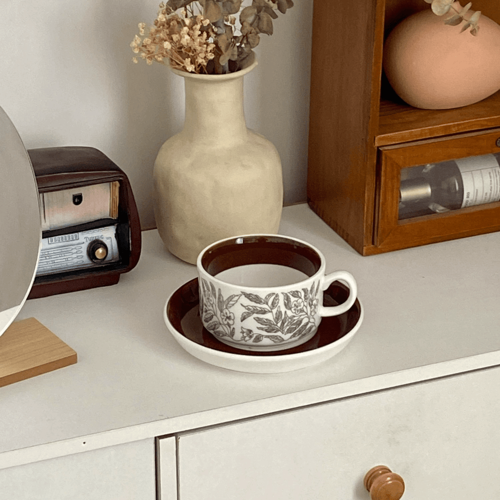Vintage Brown Hibiscus Ceramic Cup and Saucer Set - Afternoon Tea Coffee Cup | Birthday Gift