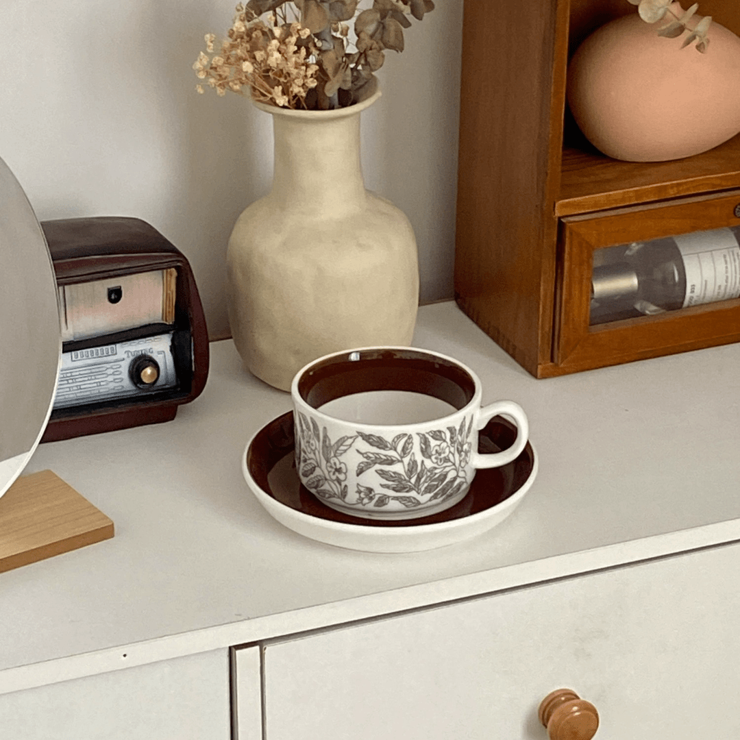 Vintage Brown Hibiscus Ceramic Cup and Saucer Set - Afternoon Tea Coffee Cup | Birthday Gift