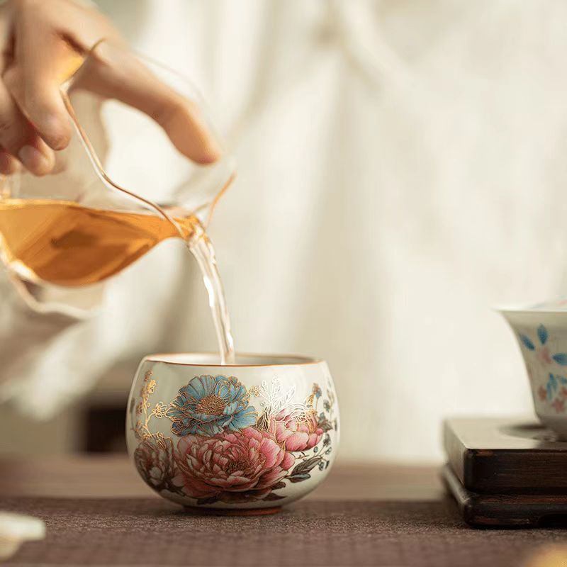 Gold Peony Ru Yao Teacup, Contemporary Gongfu Tea Cup-Personal Use Tea Cup