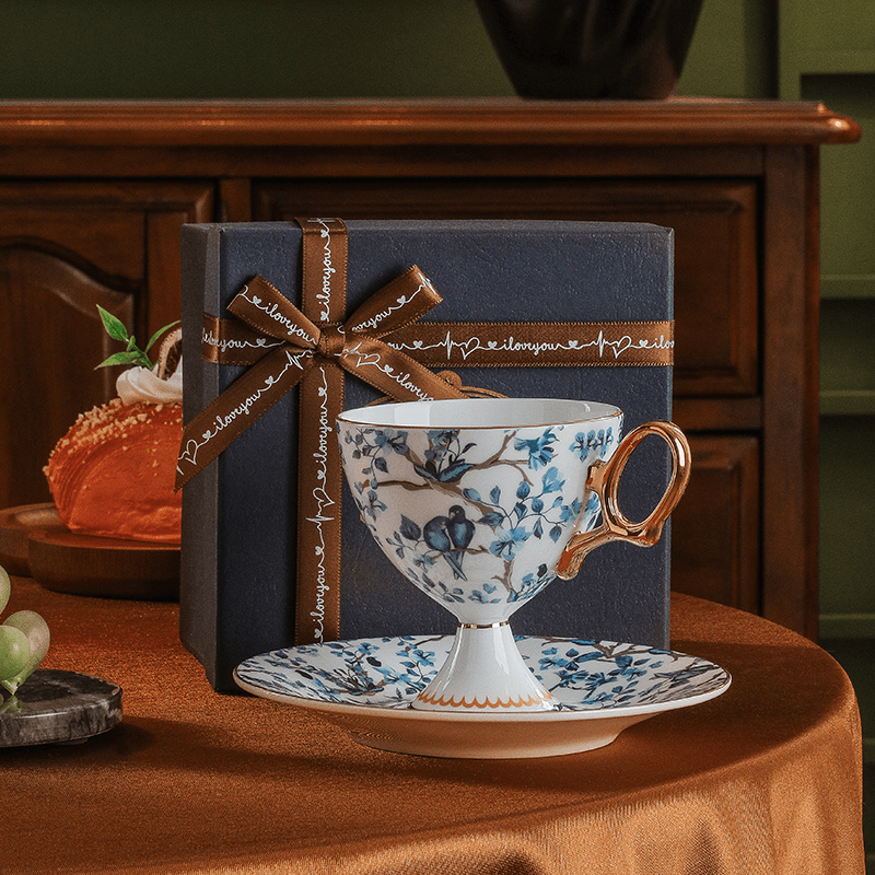 French Vintage Stemmed Bone China Coffee Cup, French Vintage Tea Cup with Floral Design