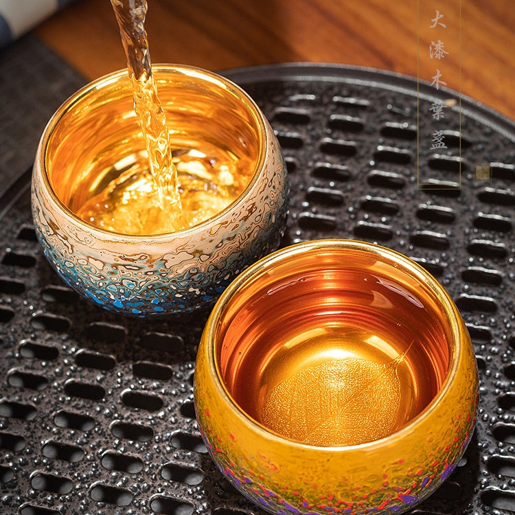 Handmade Fuzhou Lacquer Ceramic Tea Cup – Gradient Design with 24K Gold Bodhi Leaf – Artisan Master Cup