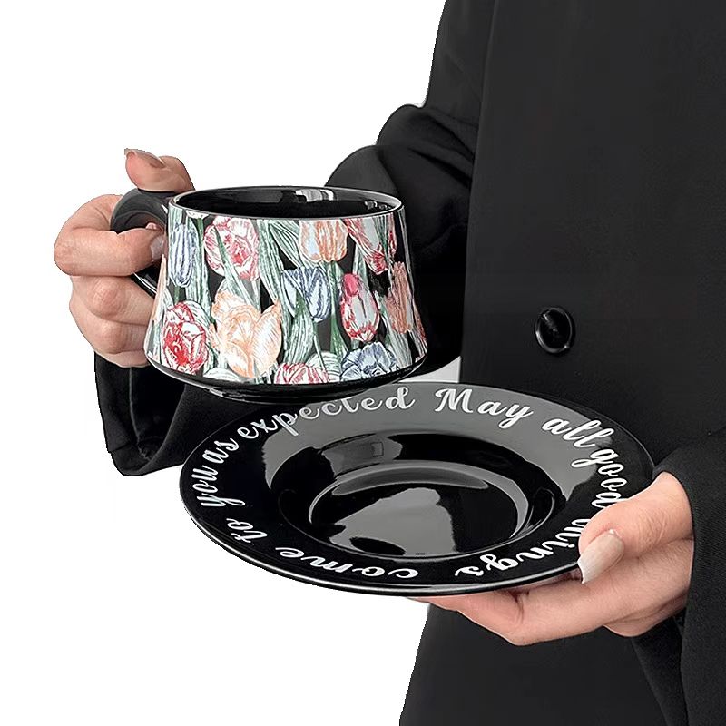 Black Tulip Coffee Set, Ceramic Mug & Saucer, Luxury Gift & Home Decor-Elegant Coffee Cups