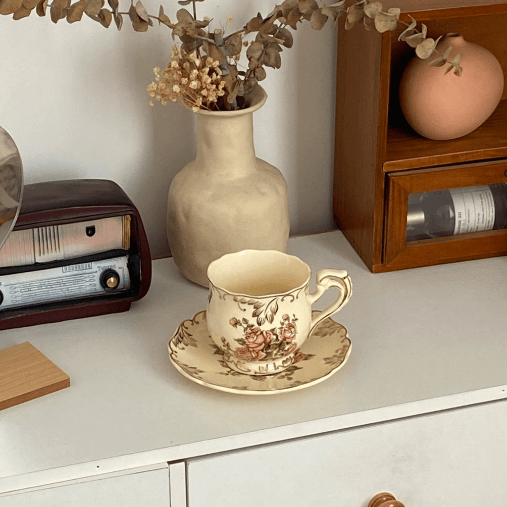 French Cream-Colored Rose Ceramic Coffee Cup and Saucer Set - Afternoon Tea Hostess Gift
