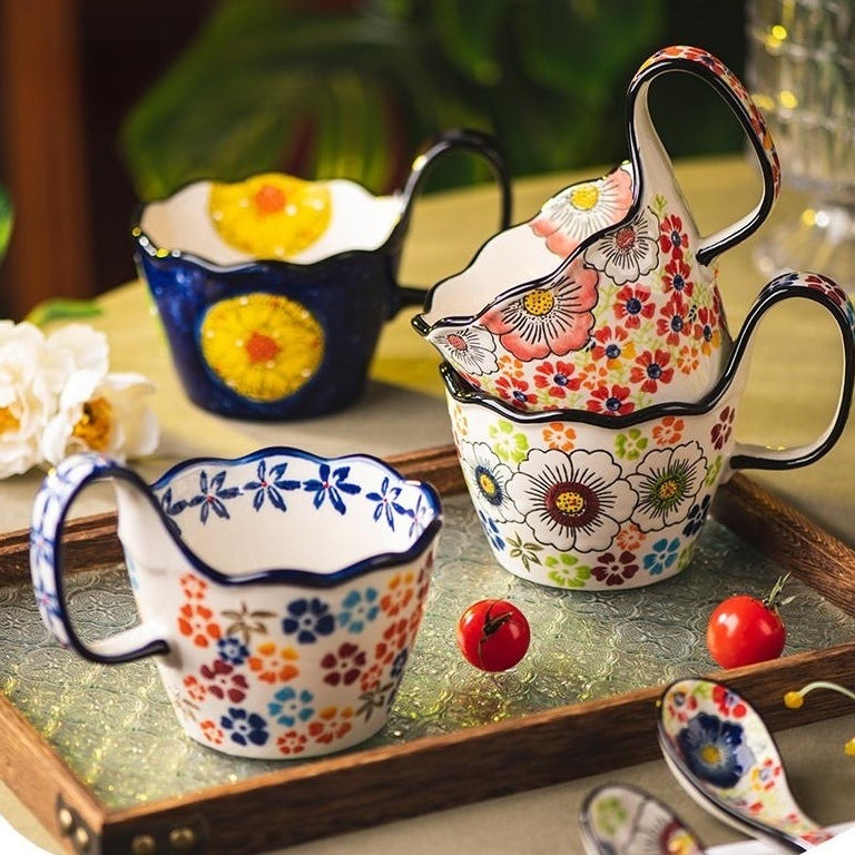 Matching Hand Painted Ceramic Mug Set, Comfortable Grip Coffee Cup for Home & Office