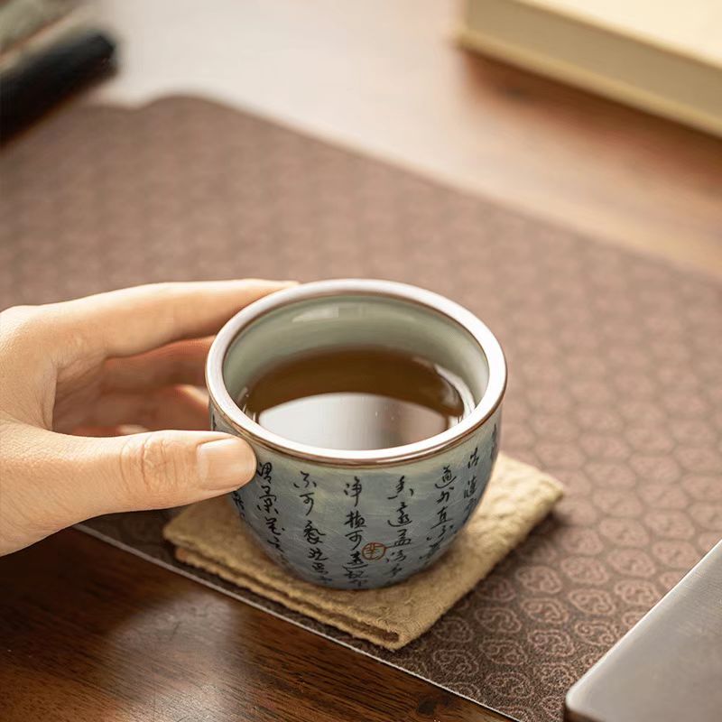 Aged Clay Lotus Teacup, Antique Style Blue & White - Ode to the Lotus Design