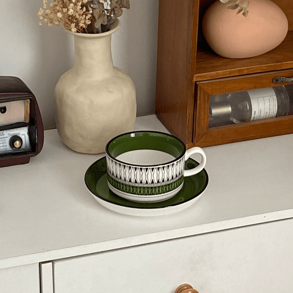 Vintage Green Coffee Cup Saucer Set - Birthday Gift for Her | BFF Hostess Afternoon Tea Mug