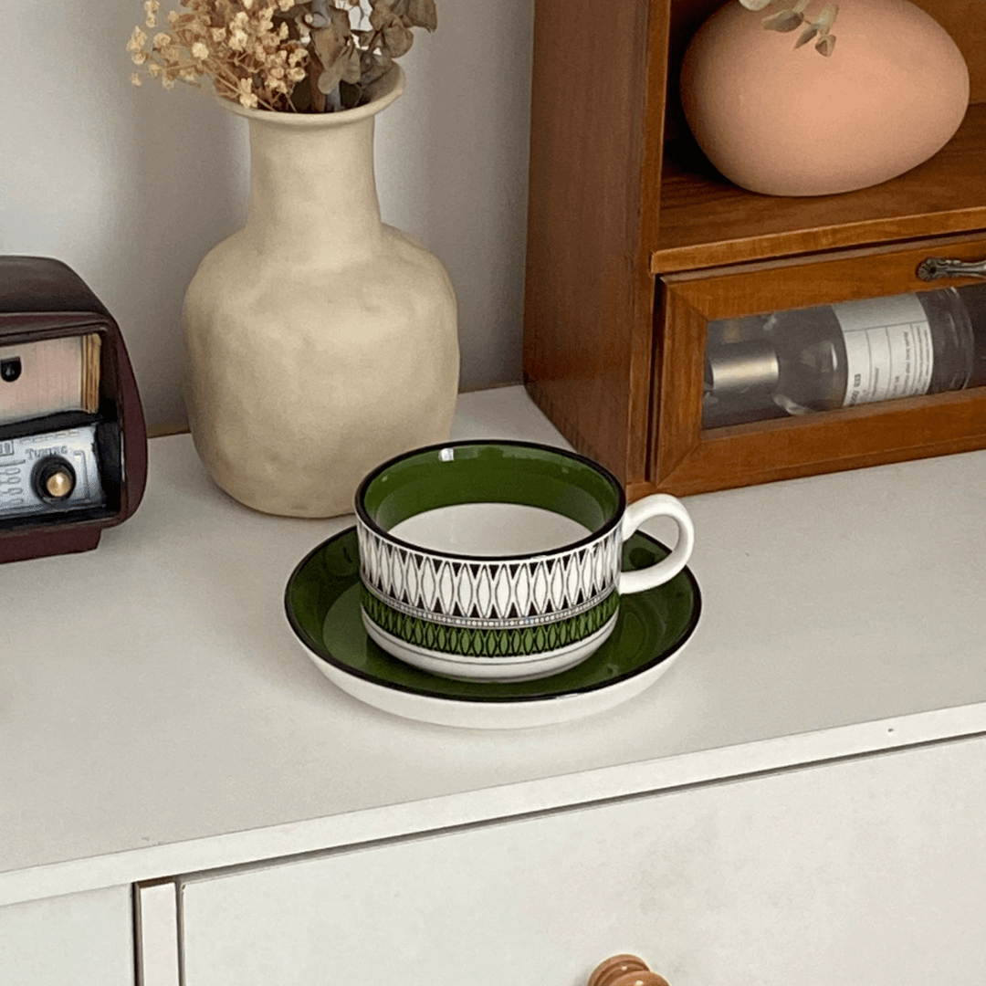 Vintage Green Coffee Cup Saucer Set - Birthday Gift for Her | BFF Hostess Afternoon Tea Mug