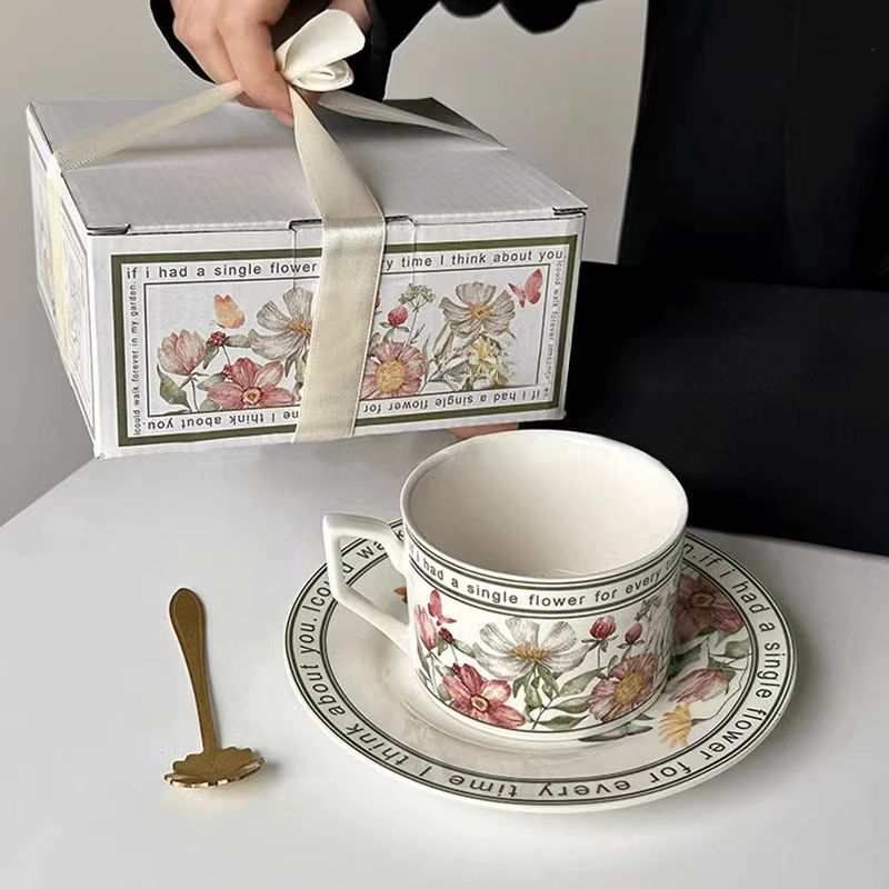 Cottagecore Sunflower Mug & Saucer Set, Vintage Ceramic Coffee Cup