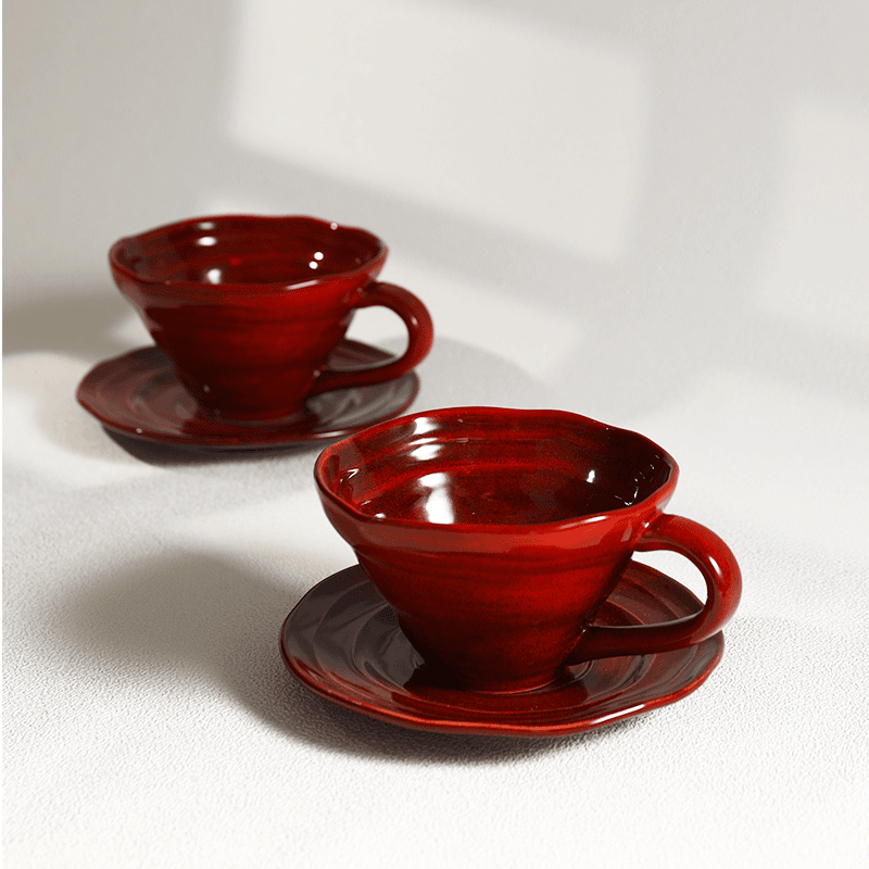Flambe Glaze Coffee Set, Handmade Stoneware Mug & Saucer