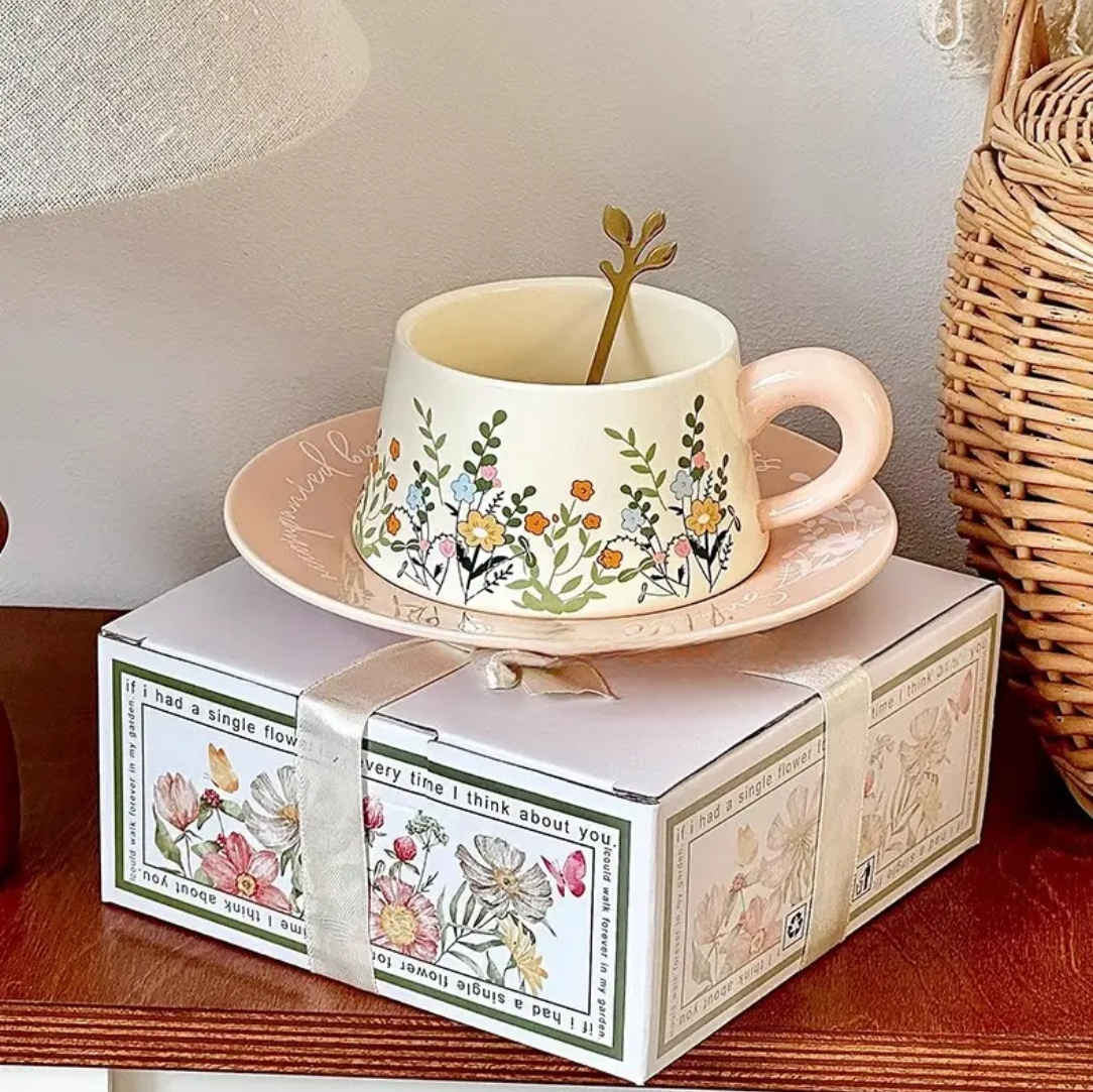 Pink Floral Coffee Set, Vintage Ceramic Mug & Saucer with Small Yellow Flowers