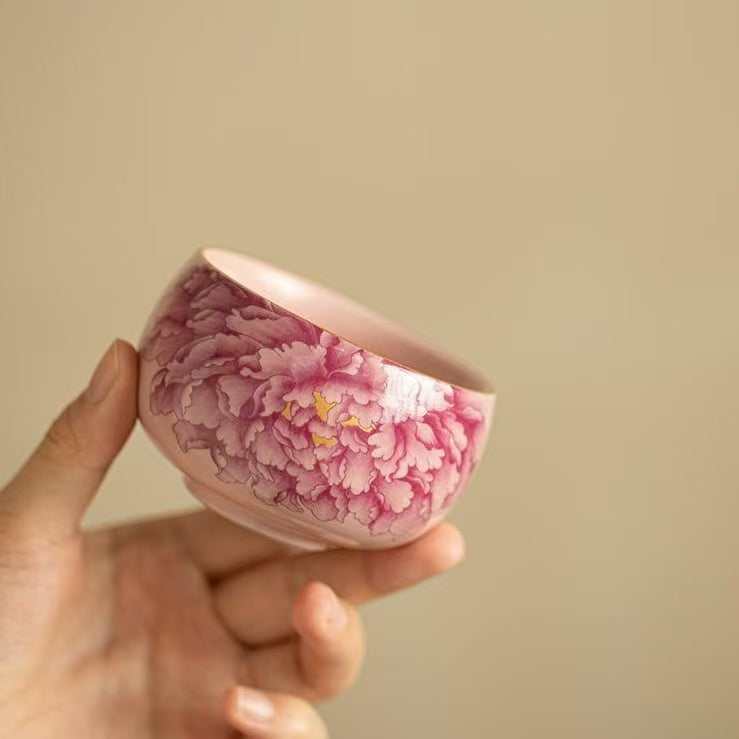 Contemporary Ru Yao & Peony & Lohan Teacup, Pink Ru Yao Gongfu Tea Cup