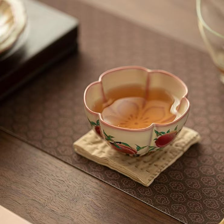 Lard（Jadeite）Glaze Peach Blossom Teacup, Nine Peaches Design-Ceramic Gongfu Tea Cup