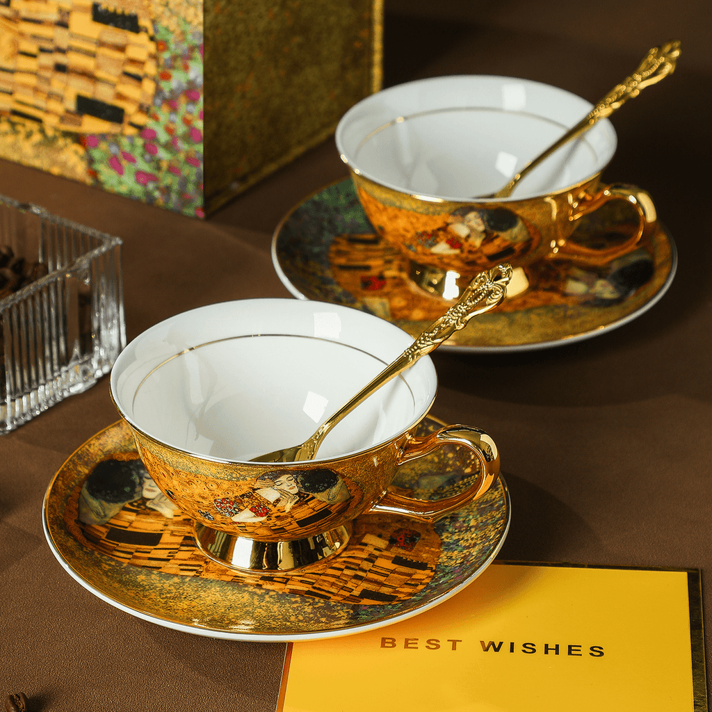 European Vintage Bone China Coffee & Tea Cup - Hand-Painted Gold Famous Painting Gift Box - Water Glass