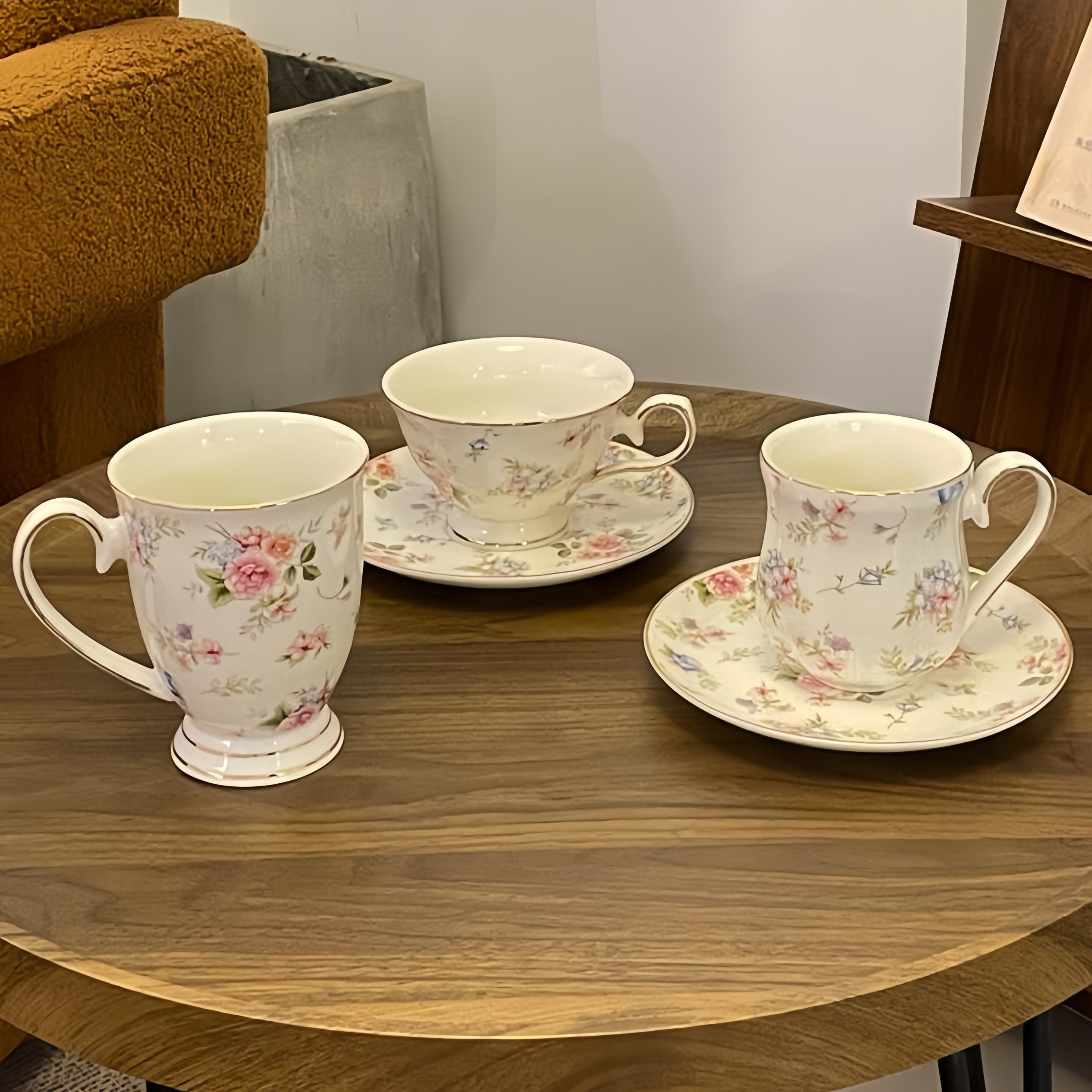 Cottagecore English Vintage Coffee Set, Sprig Print Gold Rim Cup & Saucer