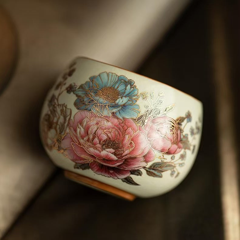 Gold Peony Ru Yao Teacup, Contemporary Gongfu Tea Cup-Personal Use Tea Cup