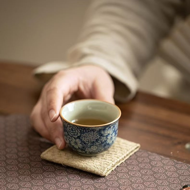 Crackle Glaze Teacup, Antique Clay Floral Ceramic Tea Cup-Develops Patina