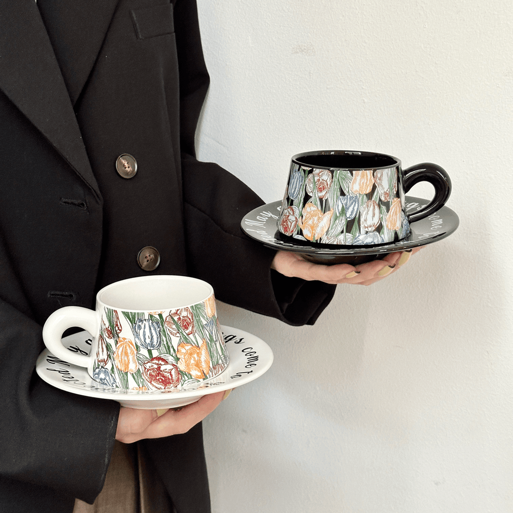 Black Tulip Coffee Set, Ceramic Mug & Saucer, Luxury Gift & Home Decor-Elegant Coffee Cups