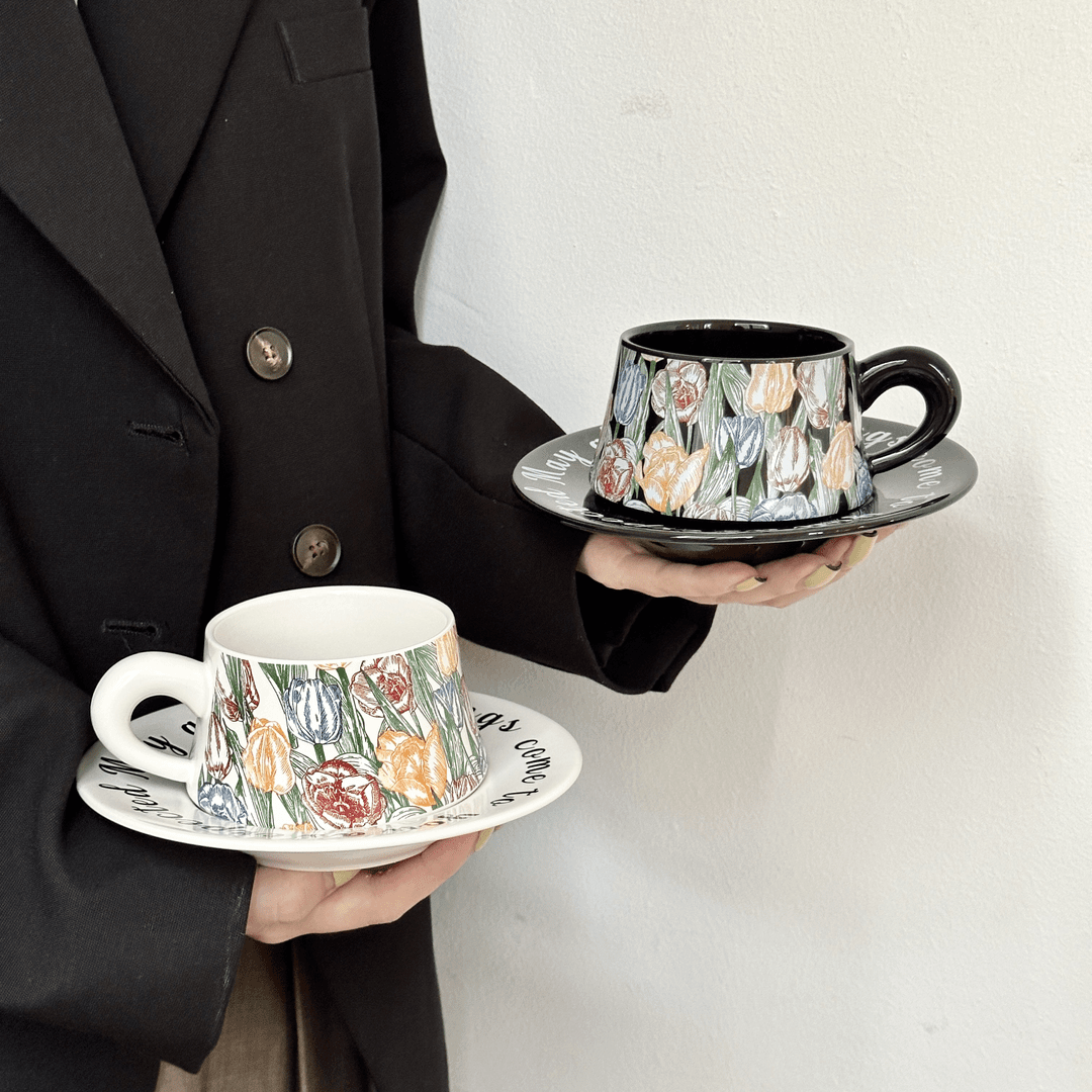 Black Tulip Coffee Set, Ceramic Mug & Saucer, Luxury Gift & Home Decor-Elegant Coffee Cups