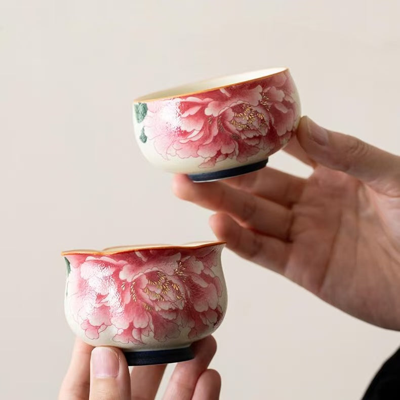 Contemporary Ru Yao & Peony & Lohan Teacup, Pink Ru Yao Gongfu Tea Cup