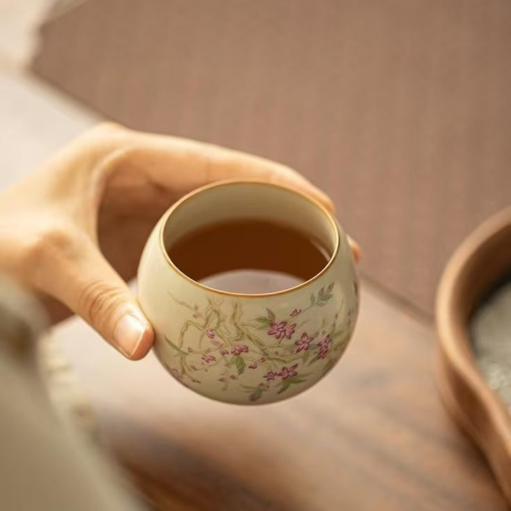 Contemporary Ru Yao Peach Blossom Egg Teacup, Yellow-Glazed Small Gongfu Tea Cup