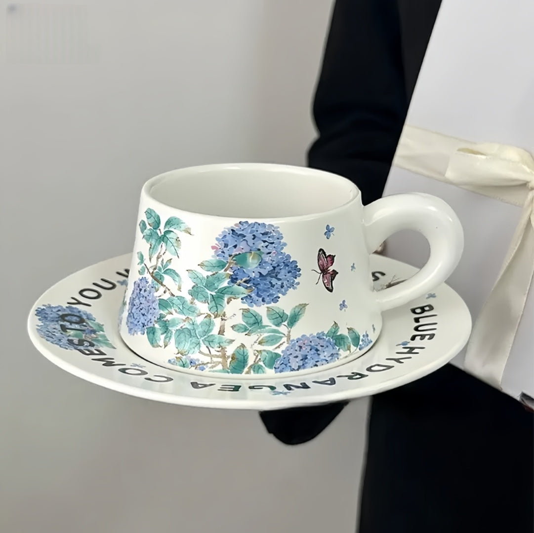 Purple Hydrangea Coffee Set, Vintage Ceramic Mug & Saucer-Original Design，Afternoon Tea