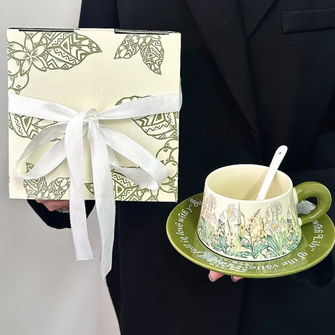 Original Bell Flower Coffee Mug with Pink Handle, Mid-Century Ceramic Cup & Saucer Design