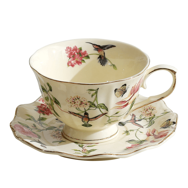 European Floral & Bird Coffee Cup & Saucer, Gold Trim Vintage Ceramic Set