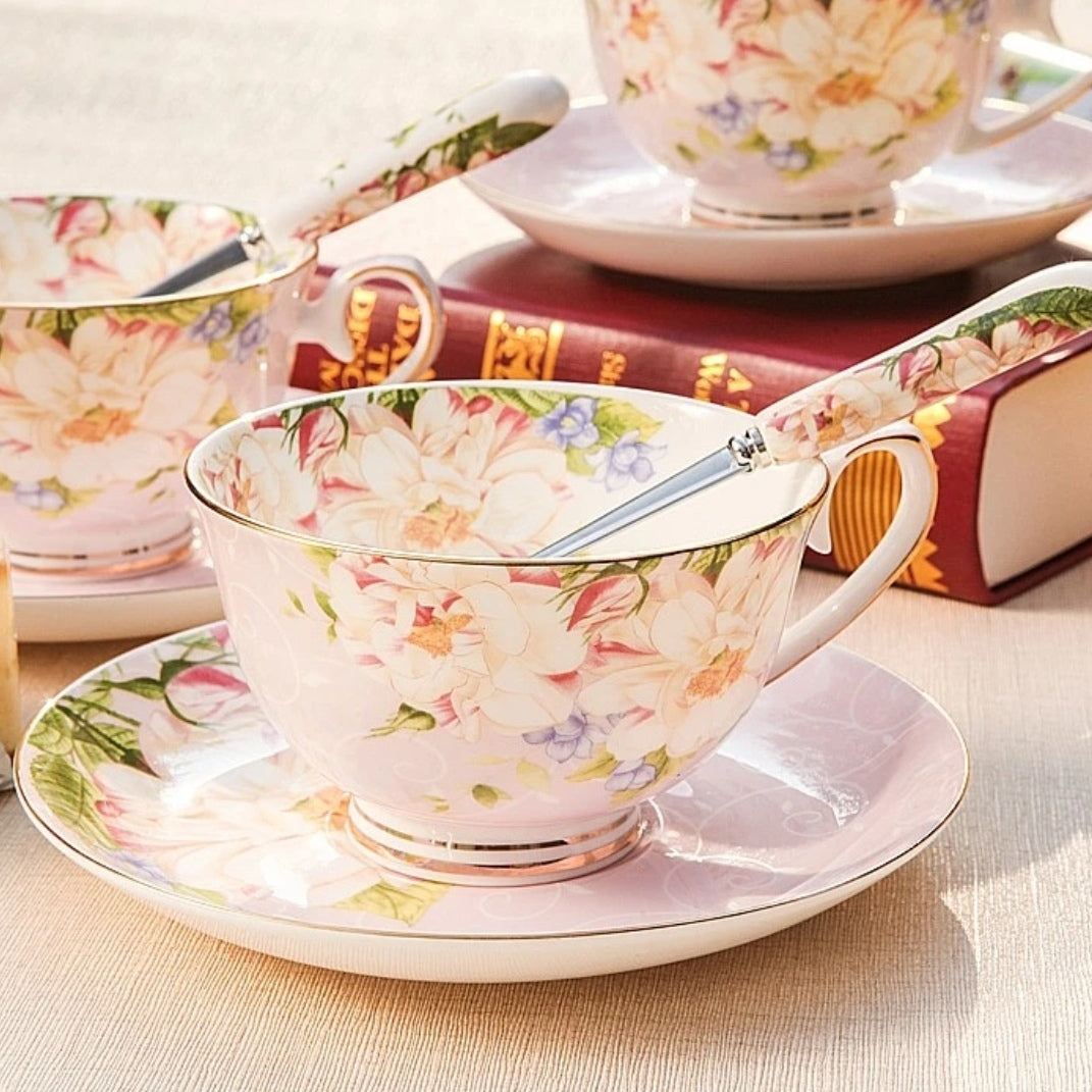 Bone China Cup and Saucer, Pink Coffee Cup and Teacup, Luxury European Style Set